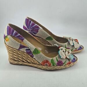 Stuart Weitzman peep toe canvas floral espadrilles shoes wedges , 8